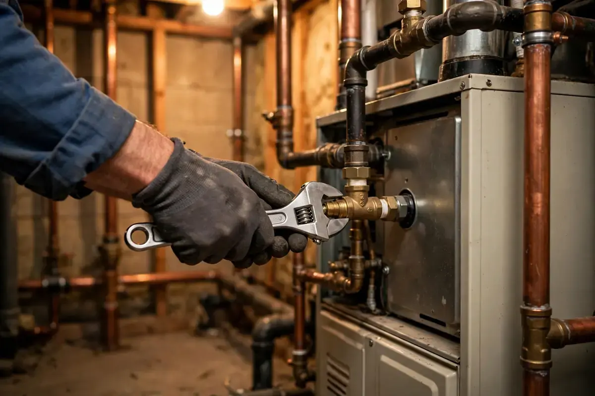 Plumbing and heating technician servicing a furnace in Rexburg, Idaho